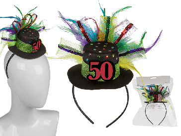 Plastic head band with birthday hat 40 & feathers