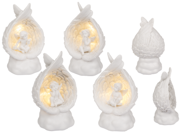 Sitting polyresin angel in wings with warmwhite LED