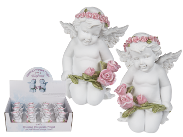 Kneeing Polyresin angel with pink coloured rosary & flowers