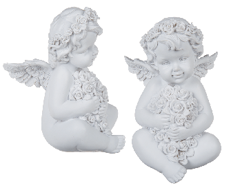 Sitting polyresin angel with white coloured rosary and flower bouquet