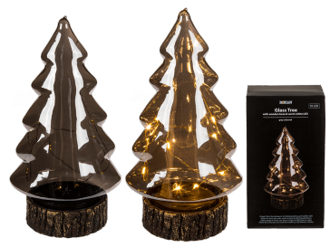 Grey coloured glass tree with wooden base & 10 warm white LED