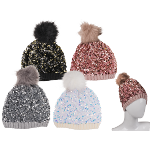 Comfort cap with artifical fur pompom & sequins