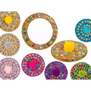 Multi coloured jewelry hand mirror with Pom Pom