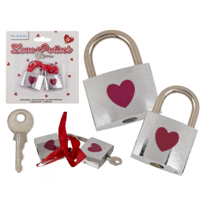 Silver coloured love lock with red heart