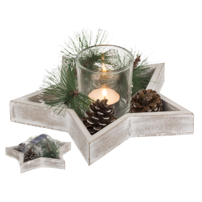 Star wooden plate ca. 22 cm with glass tealight holderm tealight & decoration