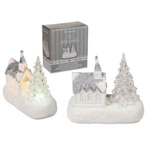 White polyresin church with christmas tree & warm white LED