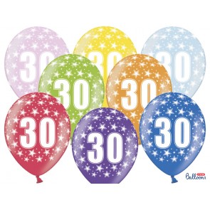 Balloons 30cm, 30th Birthday, Metallic Mix, 6pcs